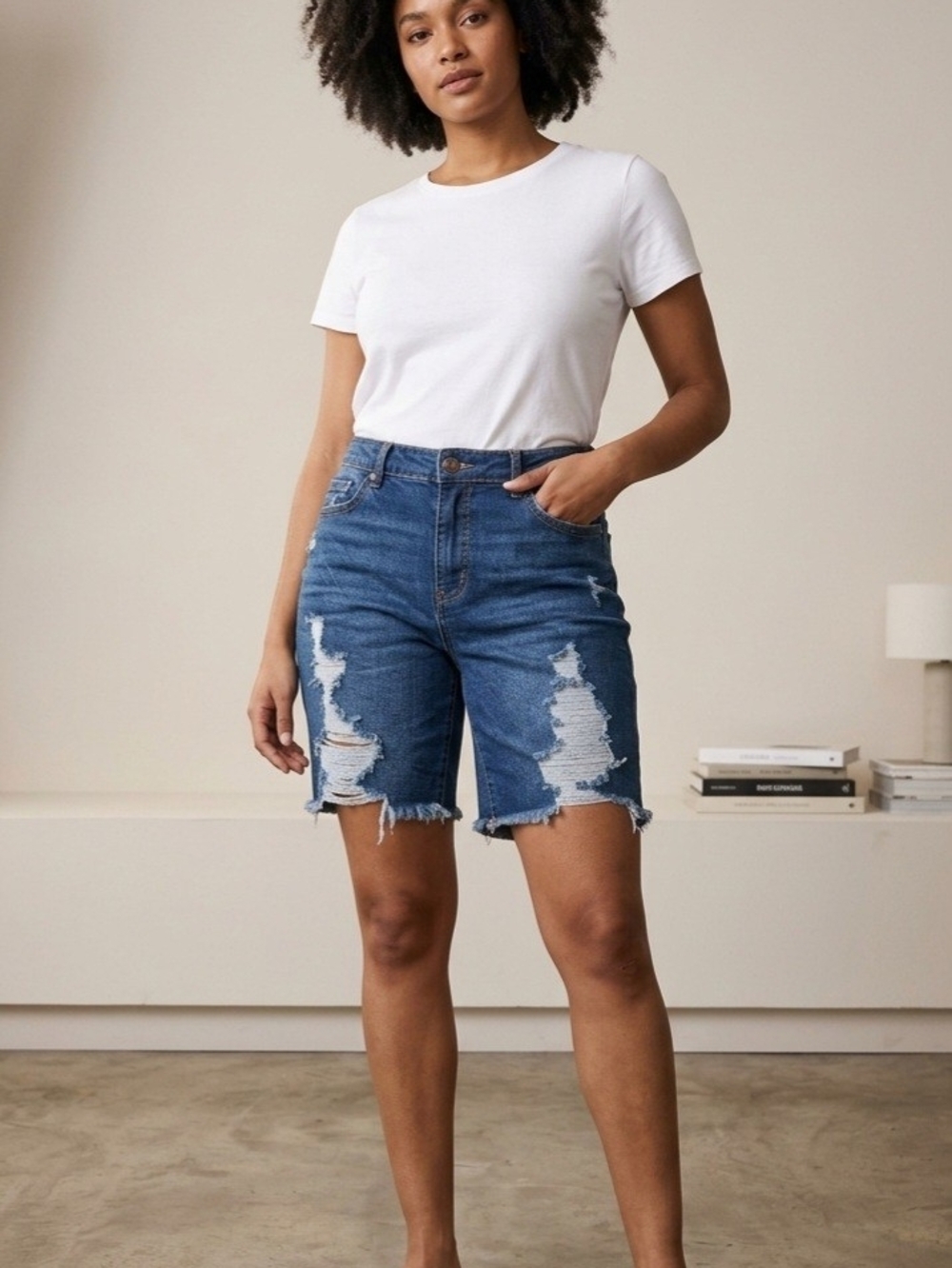 Sofia by Sofia Vergara Distressed High-Rise Denim Bermuda Shorts Woman's Size 10
